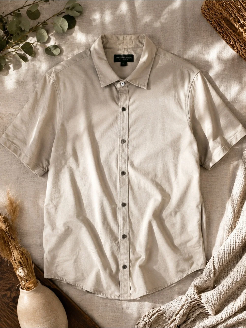 Men's Short-Sleeve Button-Up Shirt - Light Beige